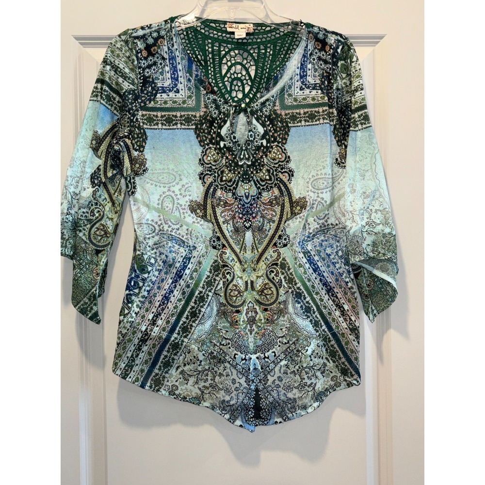 World Unity Tunic Top‎ Womens Medium Green Paisley Flowing Knit Butterfly Sleeve